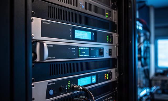 放送設備ラックに収められた音声エンコーダーとオーディオプロセッサー